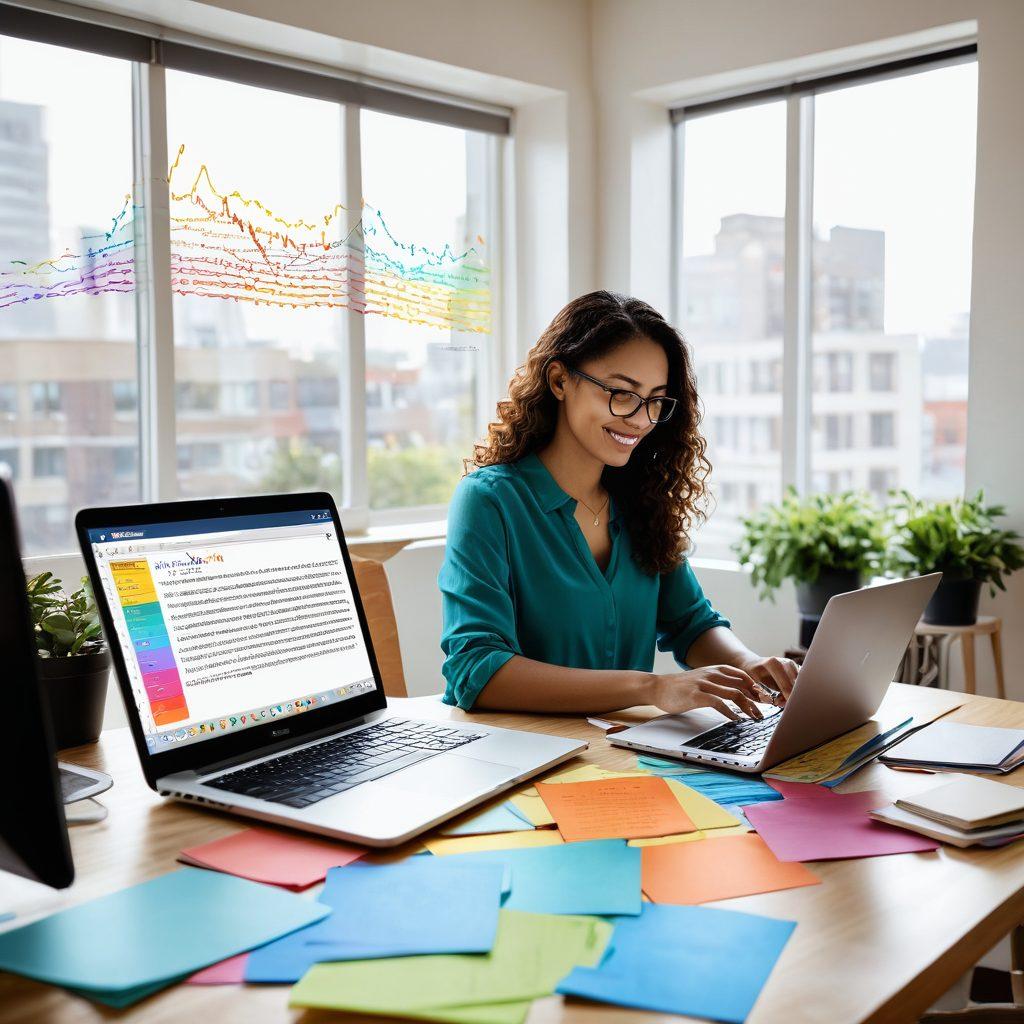 A dynamic workspace featuring a person passionately typing on a laptop, surrounded by colorful notes and creative writing tools, with a visible graph showcasing online engagement rise on a screen. Bright sunlight streams in through a large window, symbolizing inspiration and growth. The atmosphere is lively and inviting, representing the journey from creative ideas to impactful online presence. vibrant colors. super-realistic. white background.