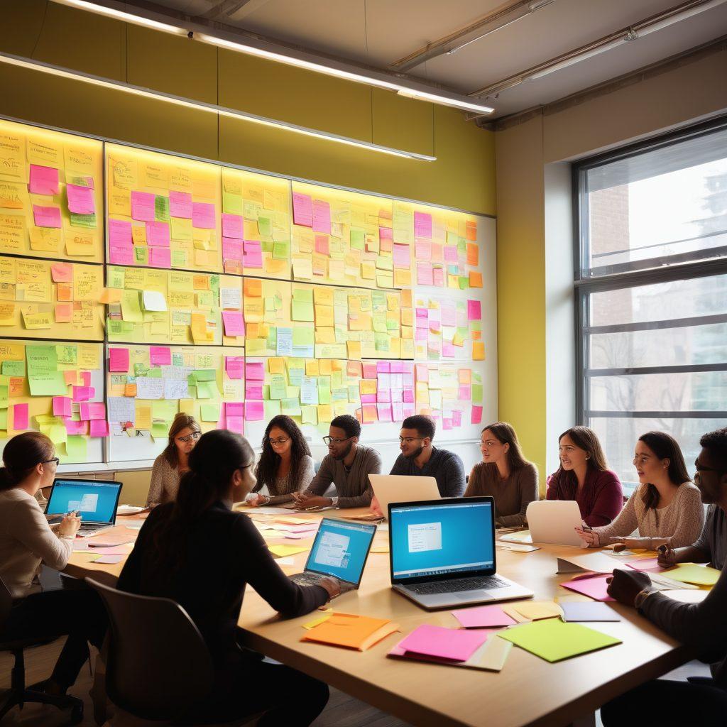 A diverse group of people gathered around a large table, engaged in animated discussions with laptops, tablets, and notebooks scattered across the surface. Bright light filters through large windows, illuminating colorful post-it notes and brainstorming charts on the walls. One person is pointing to a digital whiteboard covered in collaborative ideas. The scene exudes a sense of creativity and teamwork, highlighting the essence of collaboration. vibrant colors. 3D.